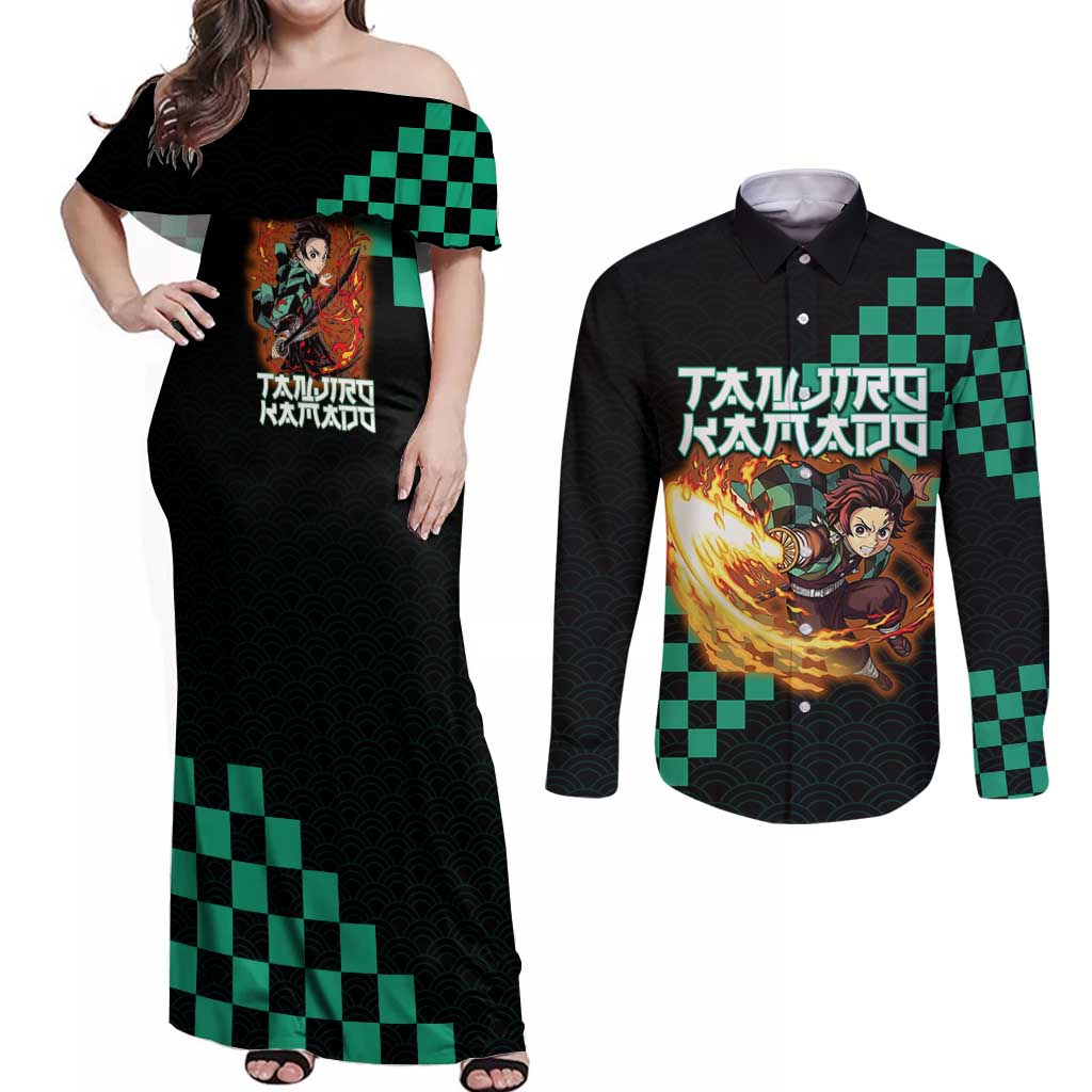 Tanjiro Kamado Demon Slayer Couples Matching Off Shoulder Maxi Dress and Long Sleeve Button Shirt Fiery Checkered Anime Wave Style