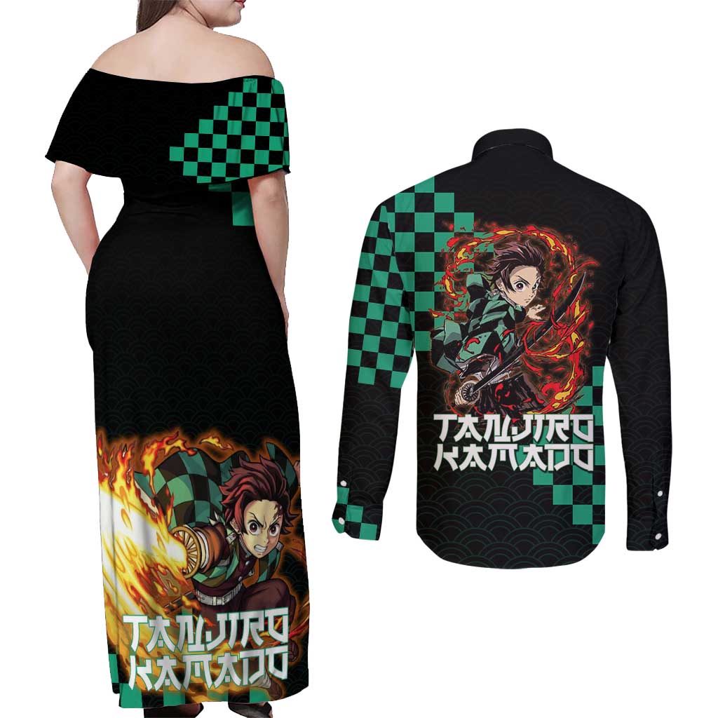 Tanjiro Kamado Demon Slayer Couples Matching Off Shoulder Maxi Dress and Long Sleeve Button Shirt Fiery Checkered Anime Wave Style