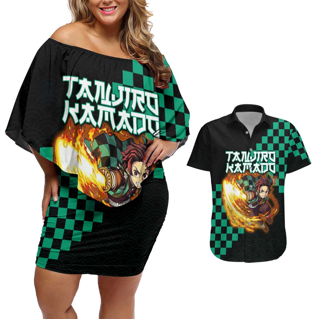 Tanjiro Kamado Demon Slayer Couples Matching Off Shoulder Short Dress and Hawaiian Shirt Fiery Checkered Anime Wave Style