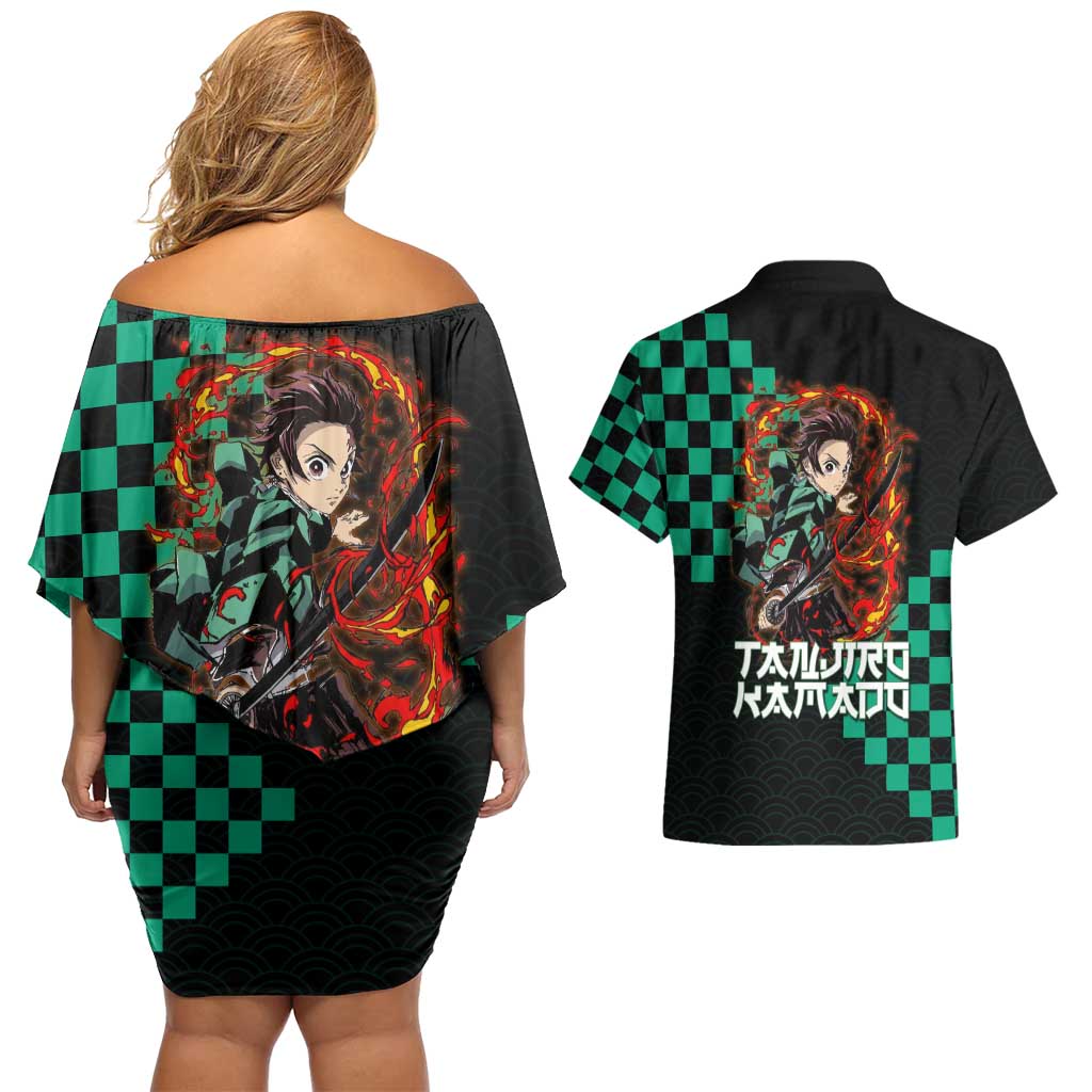 Tanjiro Kamado Demon Slayer Couples Matching Off Shoulder Short Dress and Hawaiian Shirt Fiery Checkered Anime Wave Style