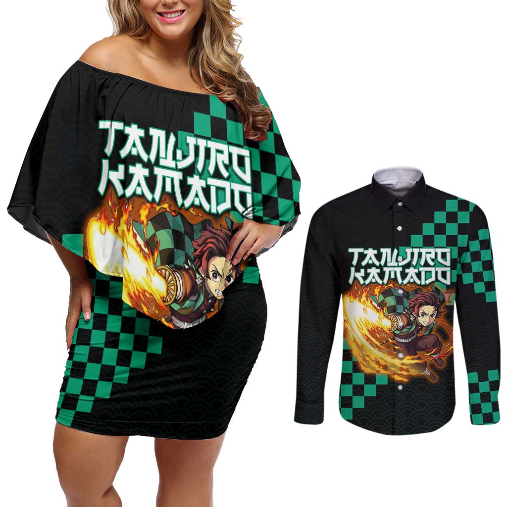 Tanjiro Kamado Demon Slayer Couples Matching Off Shoulder Short Dress and Long Sleeve Button Shirt Fiery Checkered Anime Wave Style