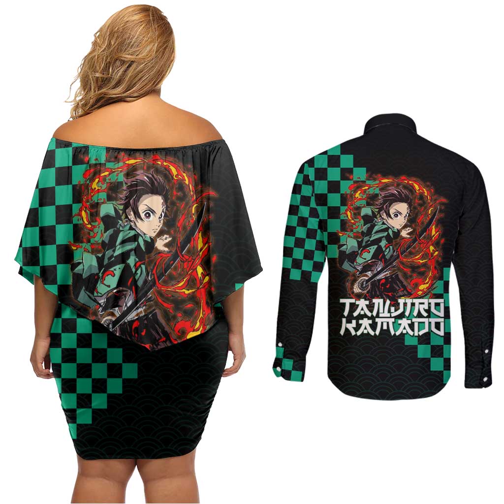 Tanjiro Kamado Demon Slayer Couples Matching Off Shoulder Short Dress and Long Sleeve Button Shirt Fiery Checkered Anime Wave Style