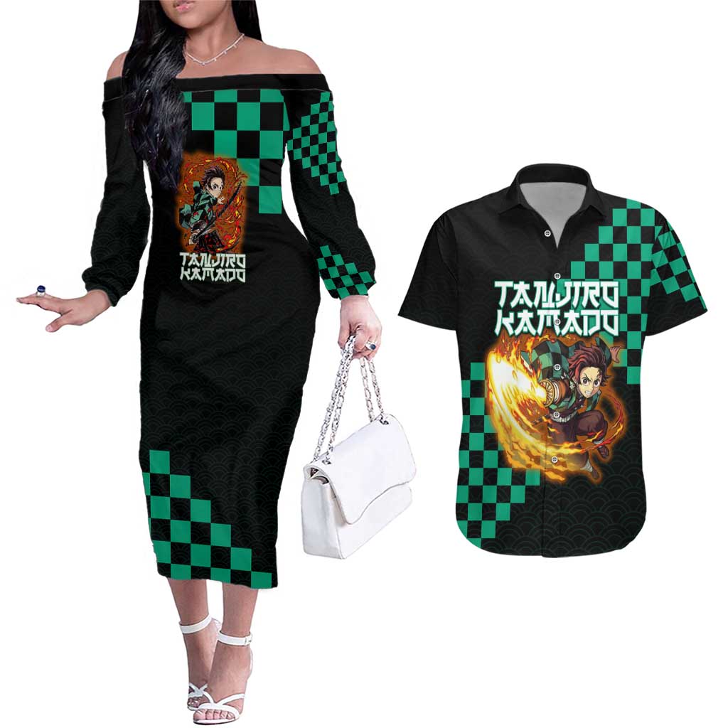 Tanjiro Kamado Demon Slayer Couples Matching Off The Shoulder Long Sleeve Dress and Hawaiian Shirt Fiery Checkered Anime Wave Style