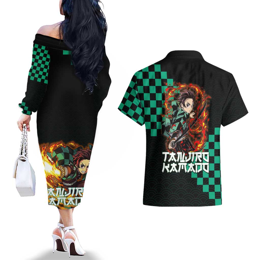 Tanjiro Kamado Demon Slayer Couples Matching Off The Shoulder Long Sleeve Dress and Hawaiian Shirt Fiery Checkered Anime Wave Style