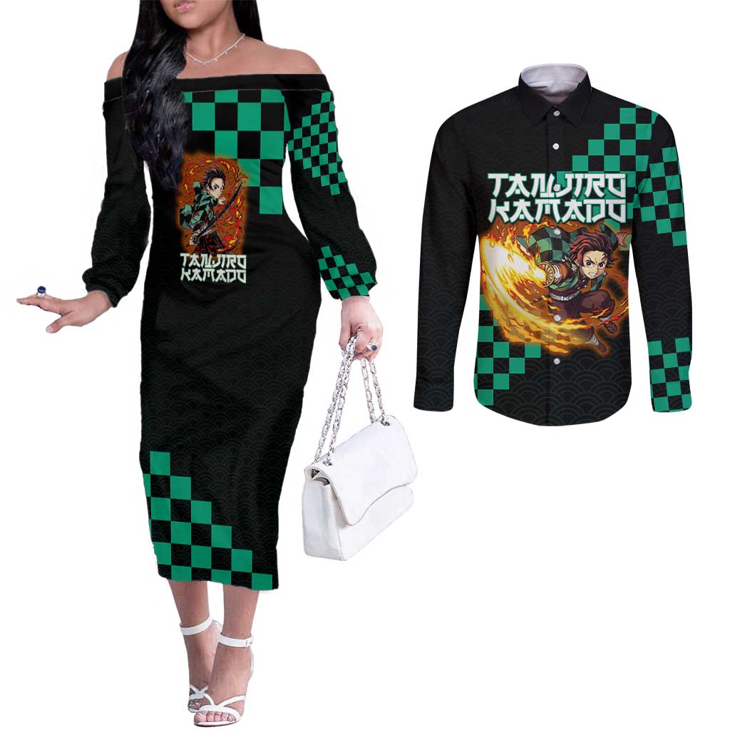 Tanjiro Kamado Demon Slayer Couples Matching Off The Shoulder Long Sleeve Dress and Long Sleeve Button Shirt Fiery Checkered Anime Wave Style
