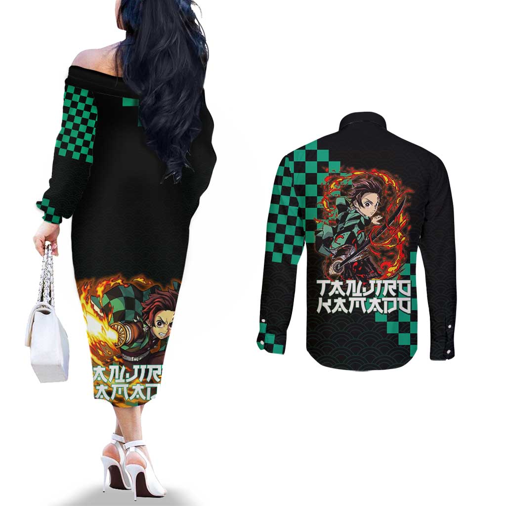 Tanjiro Kamado Demon Slayer Couples Matching Off The Shoulder Long Sleeve Dress and Long Sleeve Button Shirt Fiery Checkered Anime Wave Style