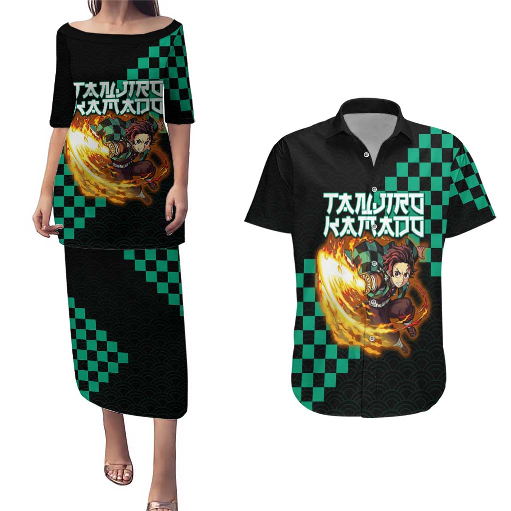 Tanjiro Kamado Demon Slayer Couples Matching Puletasi and Hawaiian Shirt Fiery Checkered Anime Wave Style