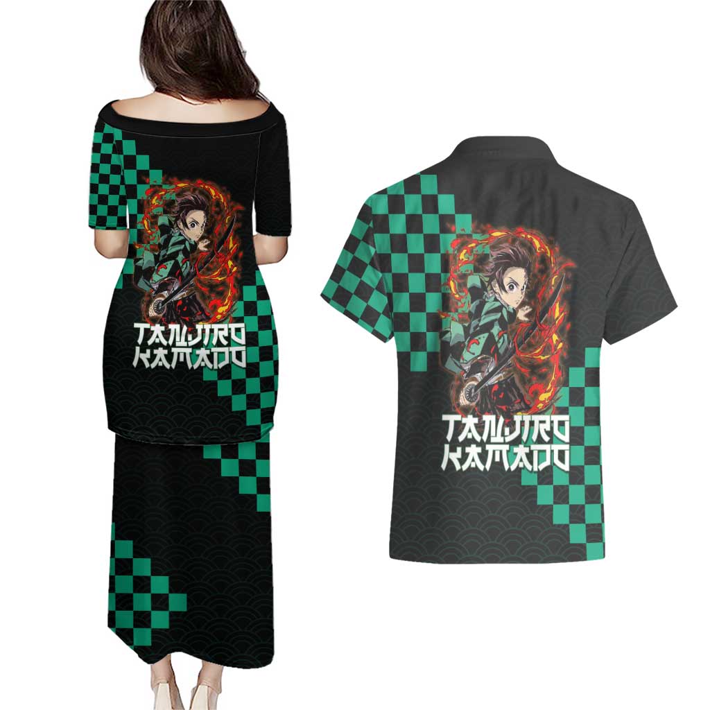 Tanjiro Kamado Demon Slayer Couples Matching Puletasi and Hawaiian Shirt Fiery Checkered Anime Wave Style