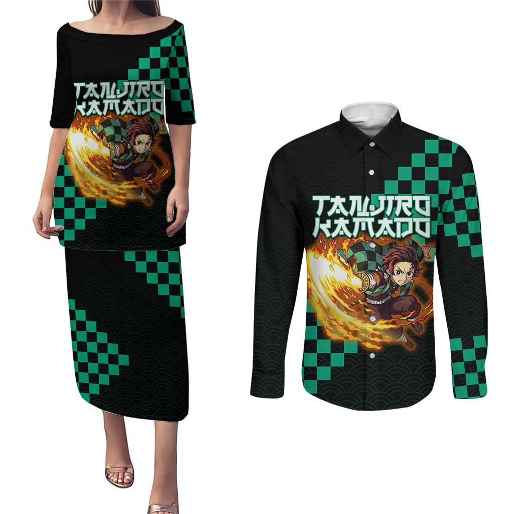 Tanjiro Kamado Demon Slayer Couples Matching Puletasi and Long Sleeve Button Shirt Fiery Checkered Anime Wave Style