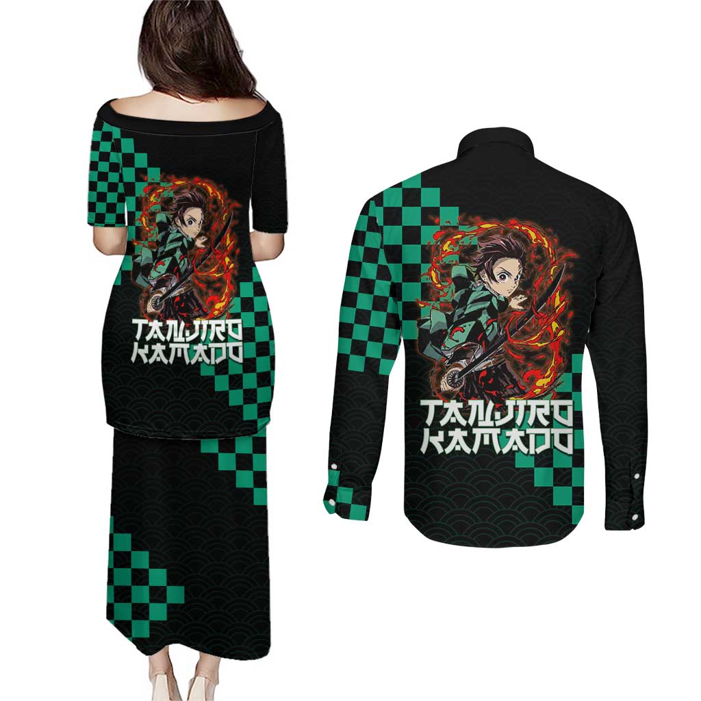 Tanjiro Kamado Demon Slayer Couples Matching Puletasi and Long Sleeve Button Shirt Fiery Checkered Anime Wave Style