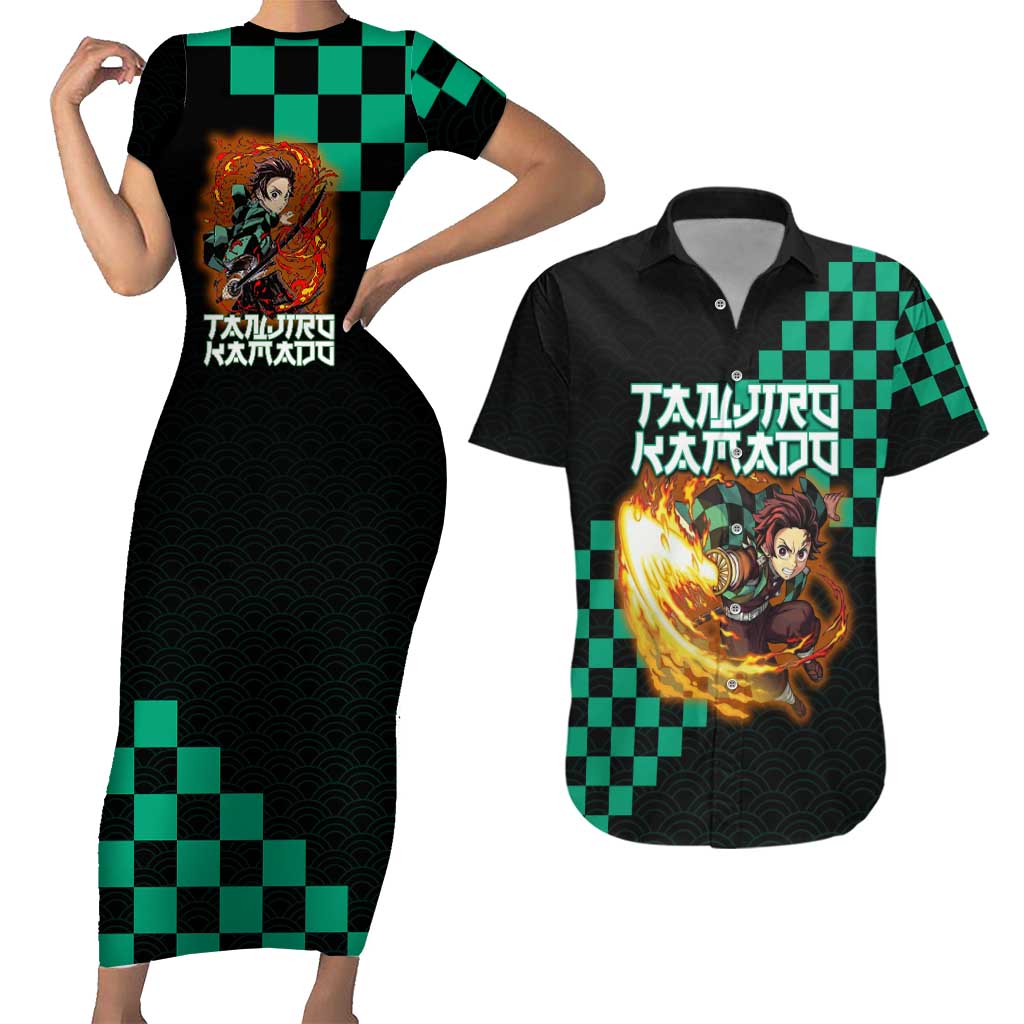 Tanjiro Kamado Demon Slayer Couples Matching Short Sleeve Bodycon Dress and Hawaiian Shirt Fiery Checkered Anime Wave Style