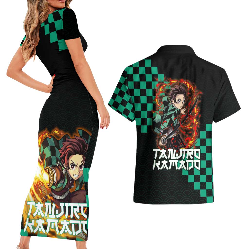 Tanjiro Kamado Demon Slayer Couples Matching Short Sleeve Bodycon Dress and Hawaiian Shirt Fiery Checkered Anime Wave Style