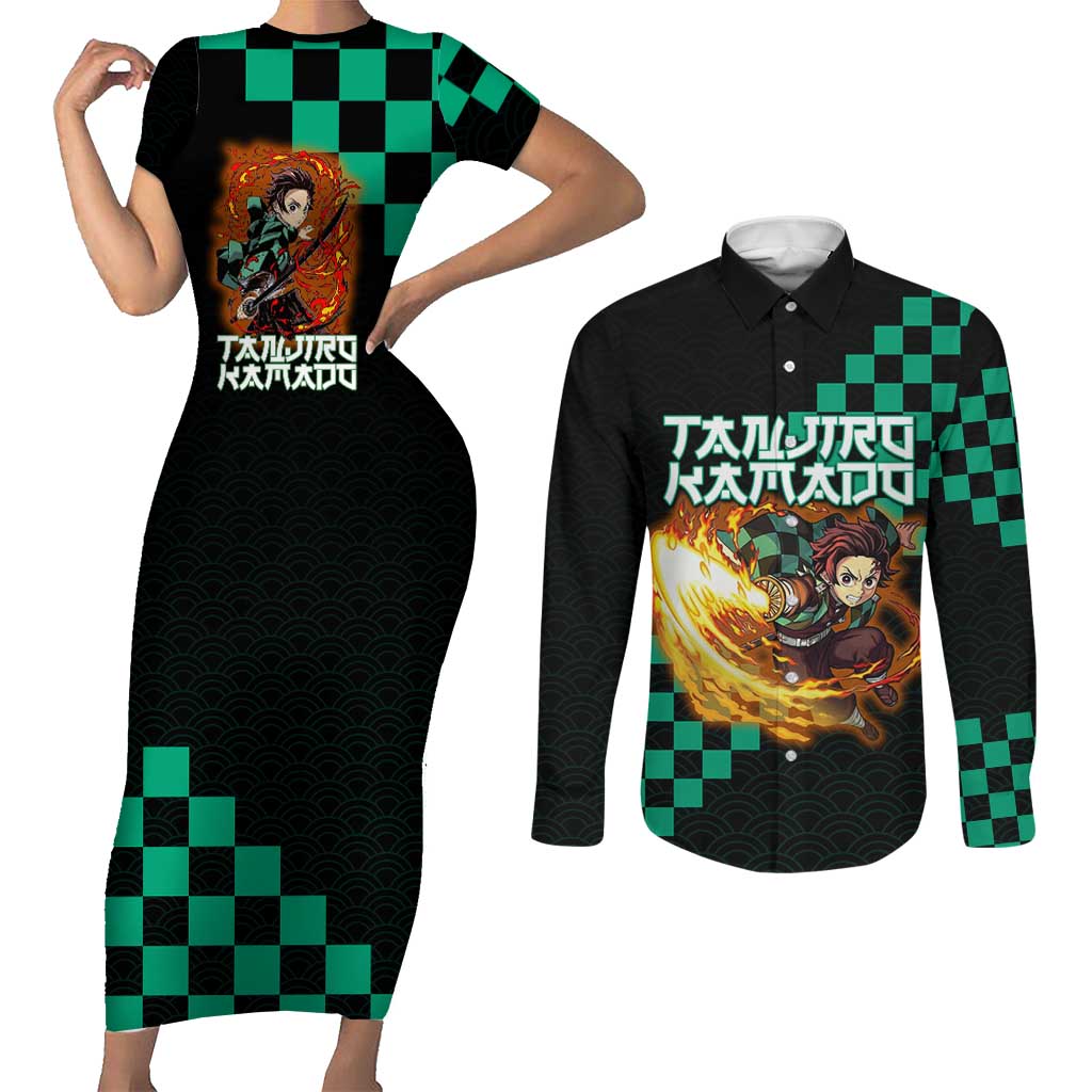 Tanjiro Kamado Demon Slayer Couples Matching Short Sleeve Bodycon Dress and Long Sleeve Button Shirt Fiery Checkered Anime Wave Style