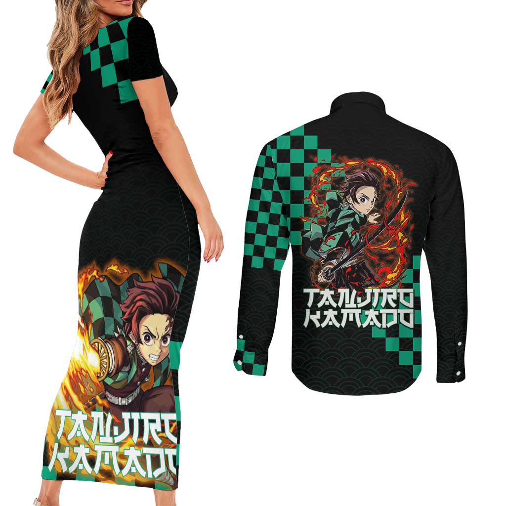 Tanjiro Kamado Demon Slayer Couples Matching Short Sleeve Bodycon Dress and Long Sleeve Button Shirt Fiery Checkered Anime Wave Style