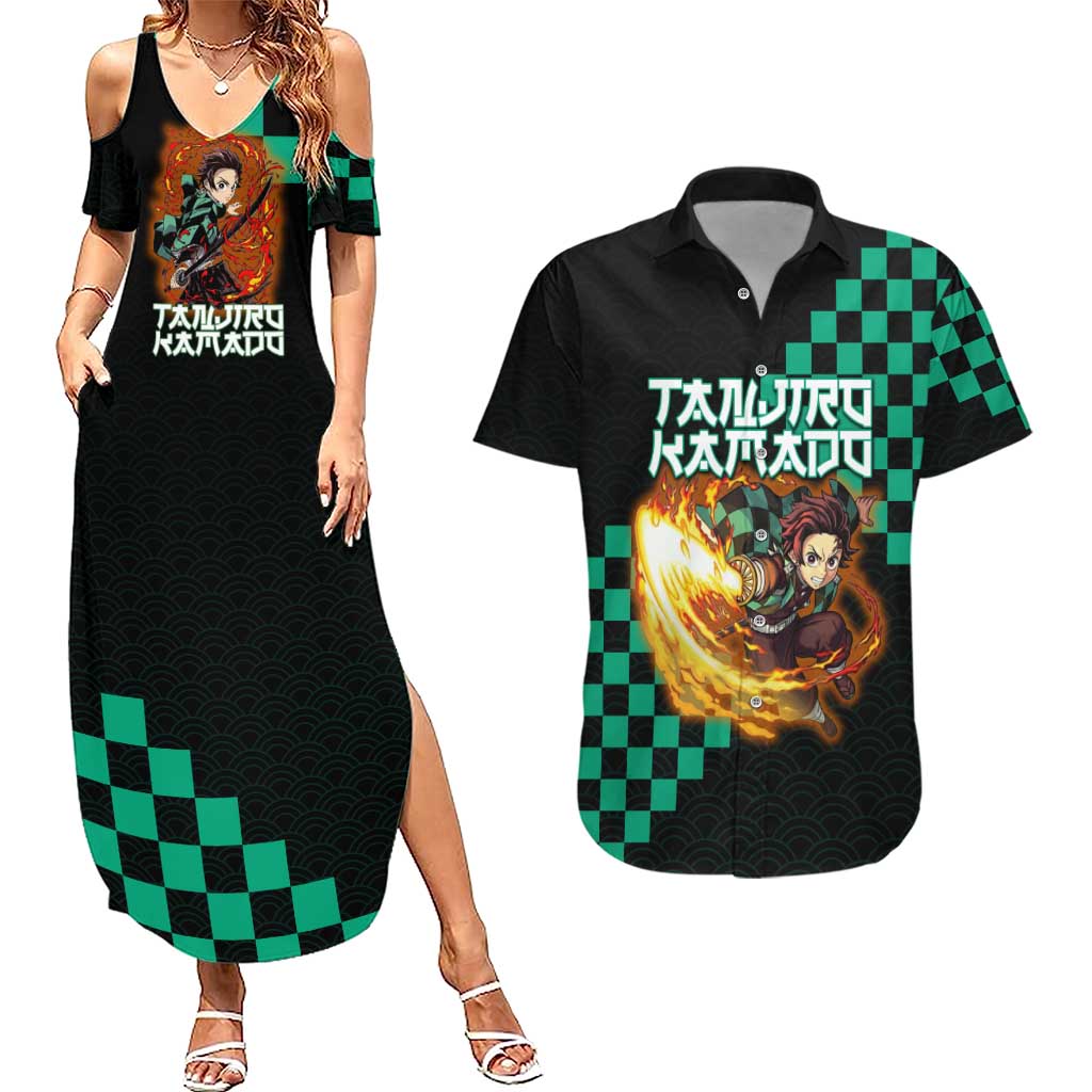 Tanjiro Kamado Demon Slayer Couples Matching Summer Maxi Dress and Hawaiian Shirt Fiery Checkered Anime Wave Style