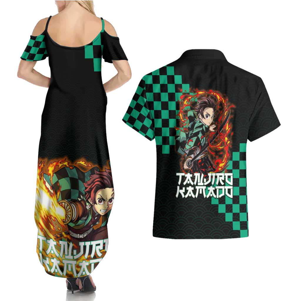 Tanjiro Kamado Demon Slayer Couples Matching Summer Maxi Dress and Hawaiian Shirt Fiery Checkered Anime Wave Style