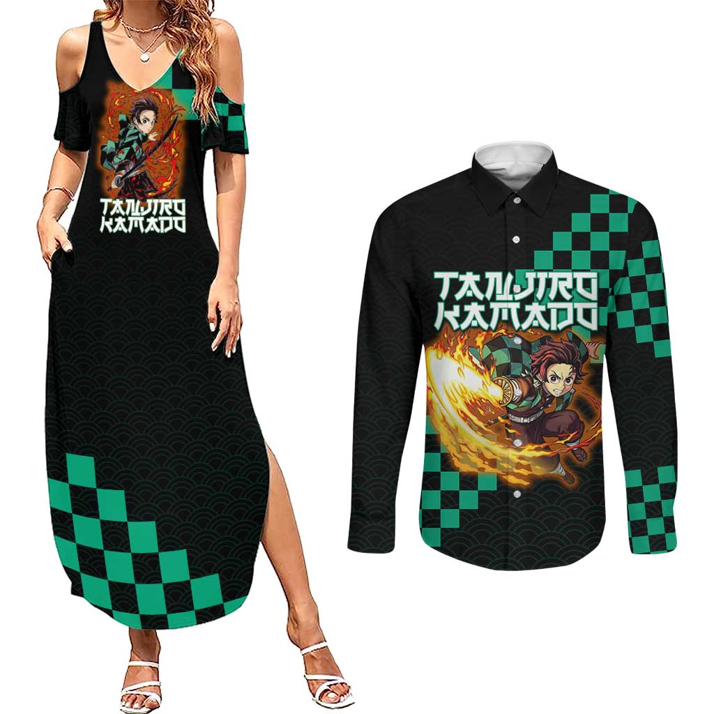 Tanjiro Kamado Demon Slayer Couples Matching Summer Maxi Dress and Long Sleeve Button Shirt Fiery Checkered Anime Wave Style