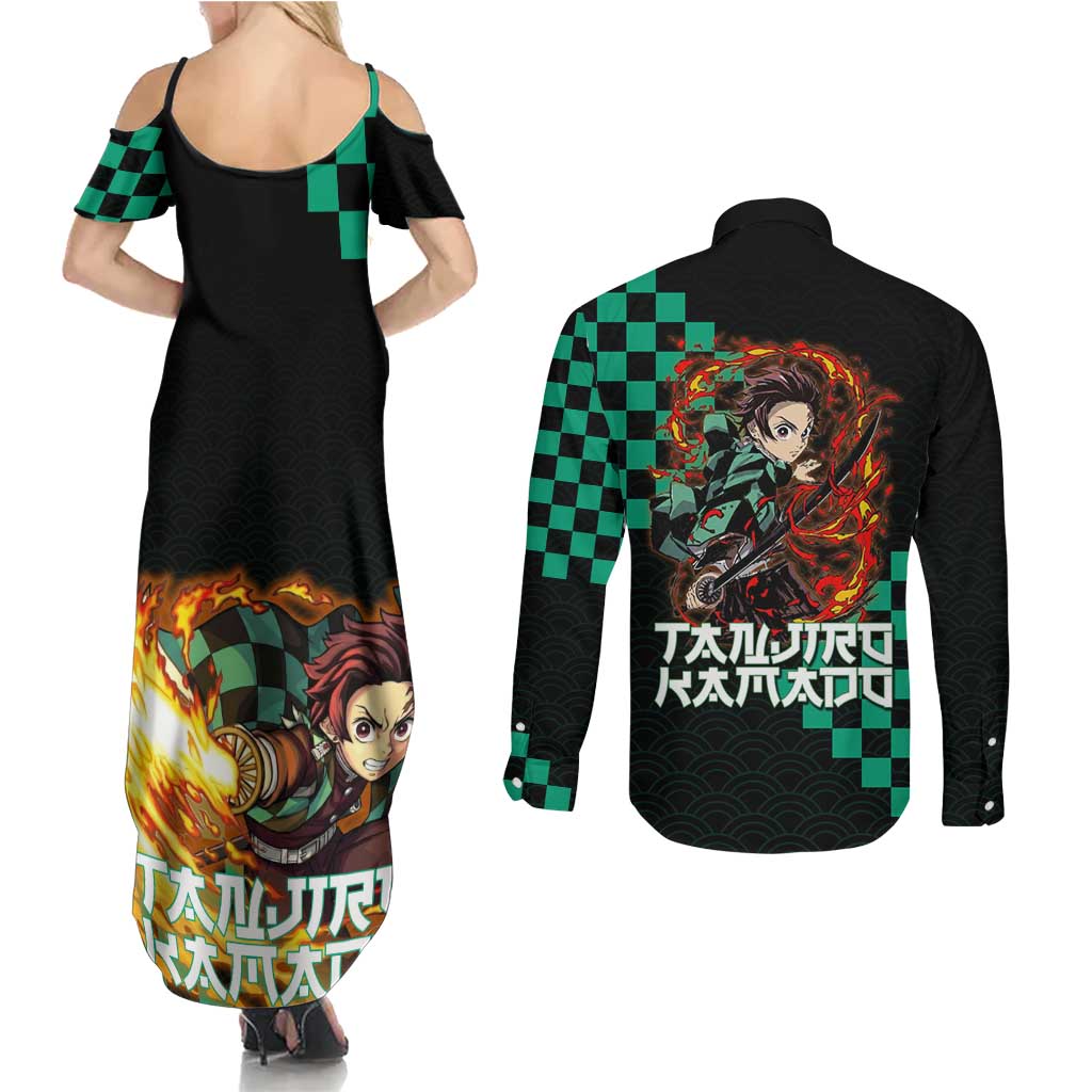 Tanjiro Kamado Demon Slayer Couples Matching Summer Maxi Dress and Long Sleeve Button Shirt Fiery Checkered Anime Wave Style