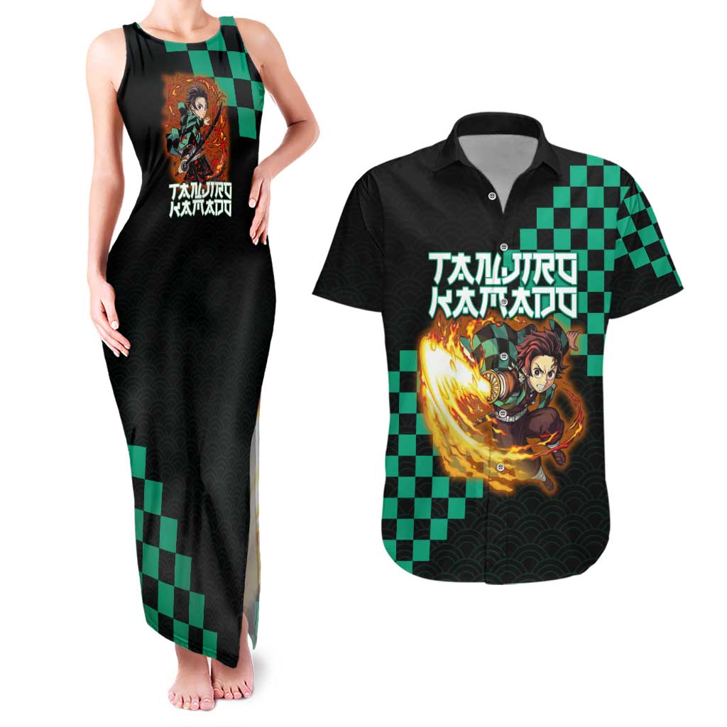 Tanjiro Kamado Demon Slayer Couples Matching Tank Maxi Dress and Hawaiian Shirt Fiery Checkered Anime Wave Style