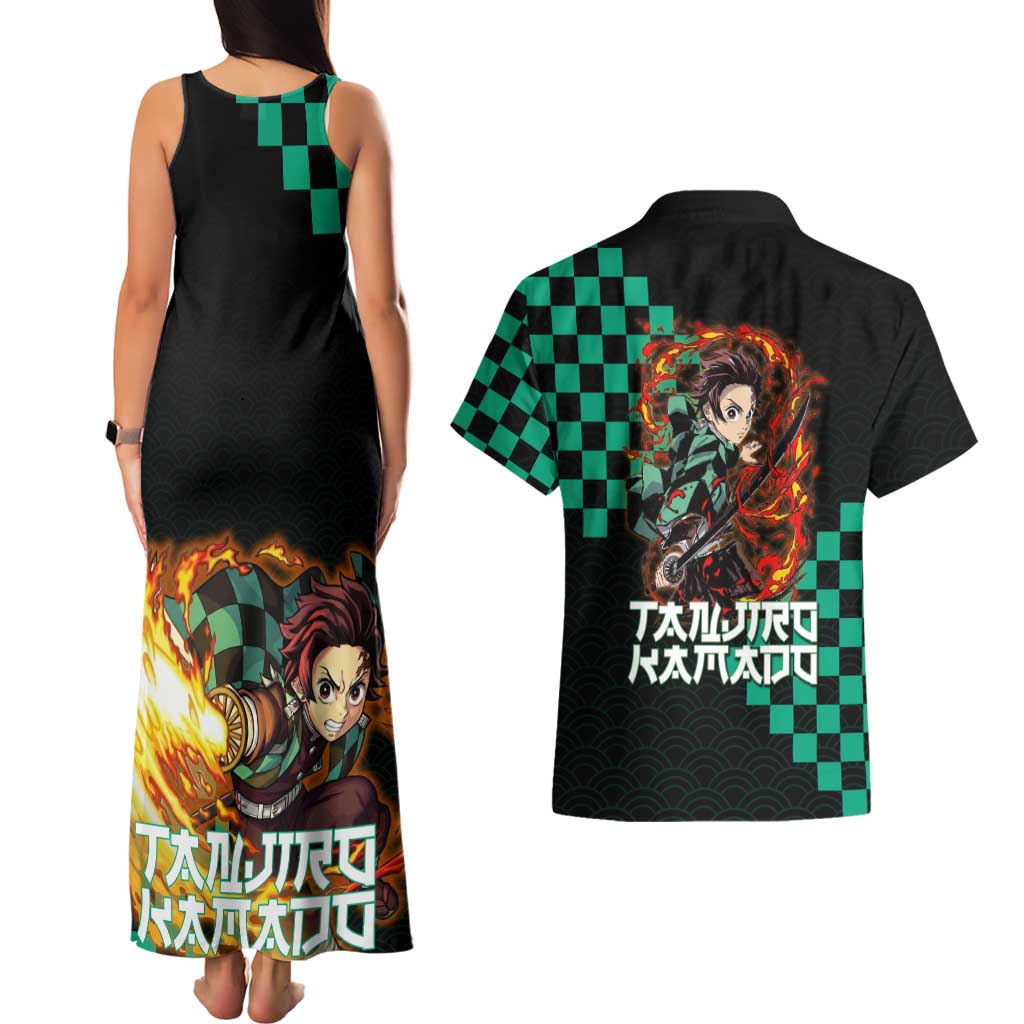 Tanjiro Kamado Demon Slayer Couples Matching Tank Maxi Dress and Hawaiian Shirt Fiery Checkered Anime Wave Style