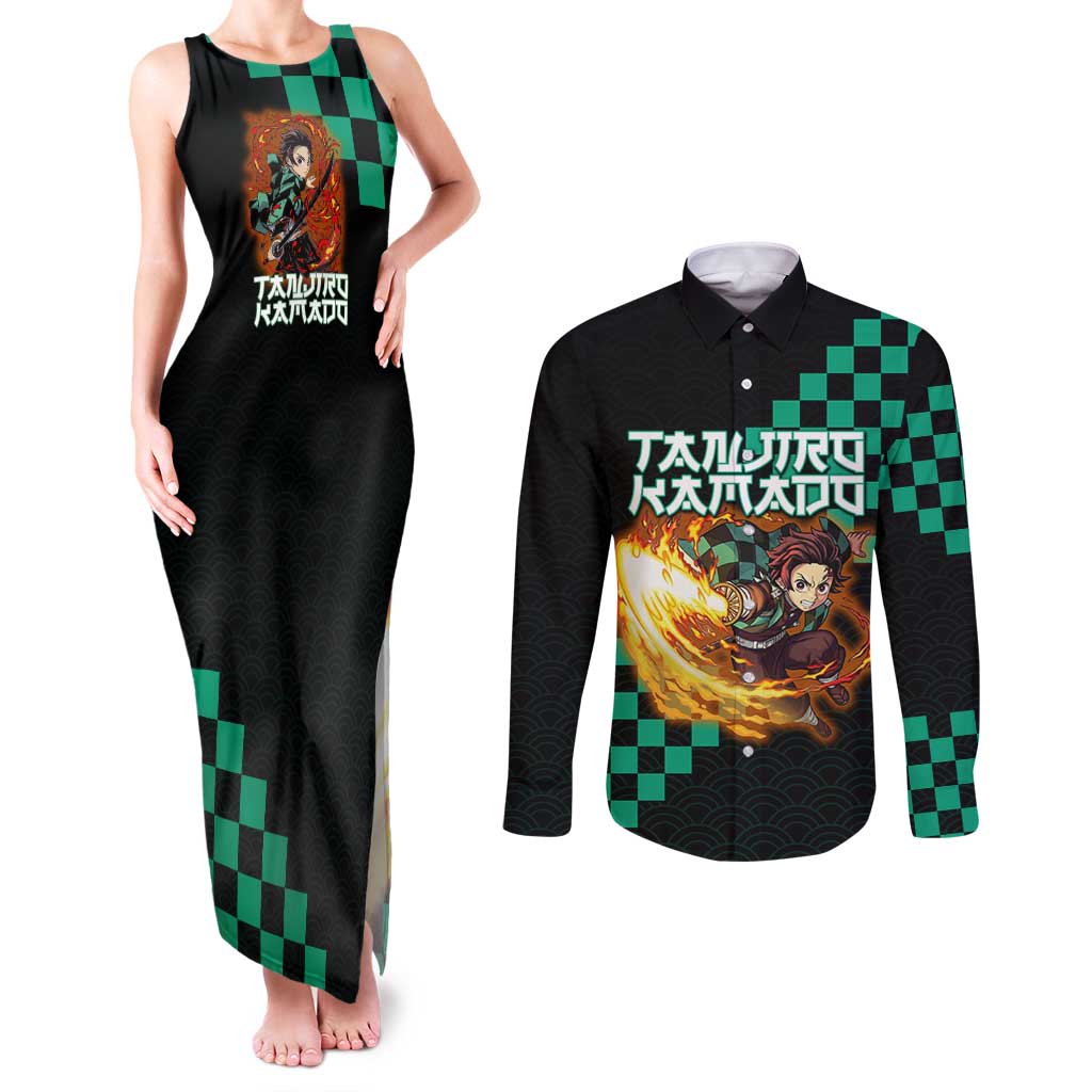 Tanjiro Kamado Demon Slayer Couples Matching Tank Maxi Dress and Long Sleeve Button Shirt Fiery Checkered Anime Wave Style