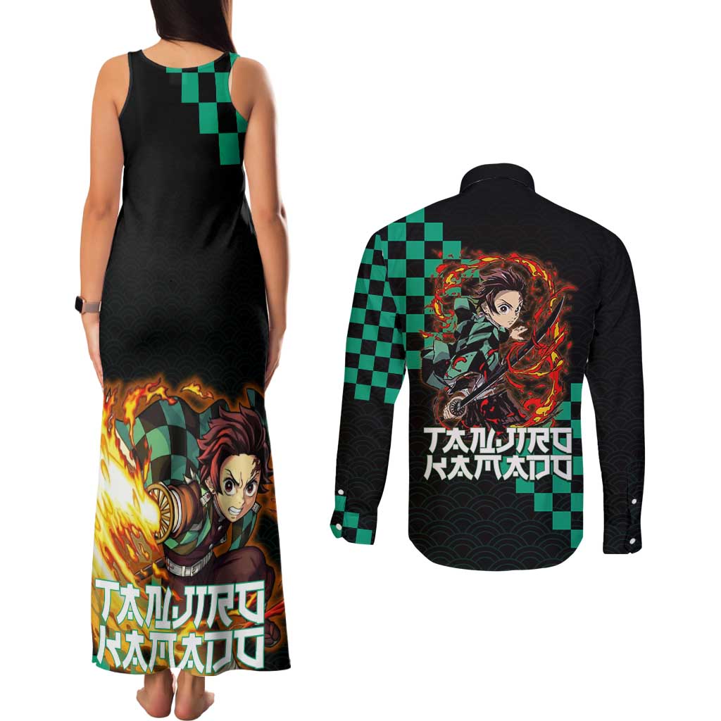 Tanjiro Kamado Demon Slayer Couples Matching Tank Maxi Dress and Long Sleeve Button Shirt Fiery Checkered Anime Wave Style