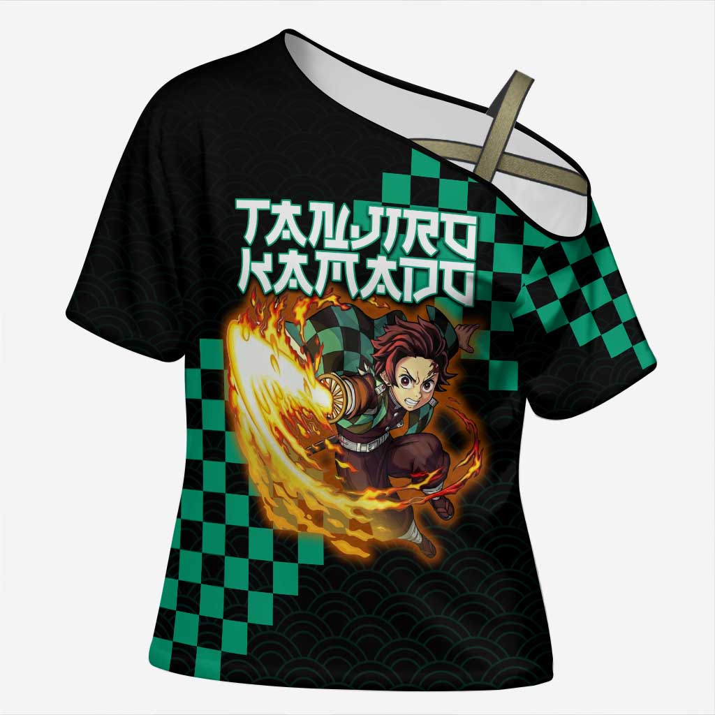 Tanjiro Kamado Demon Slayer Cross Shoulder Shirt Fiery Checkered Anime Wave Style