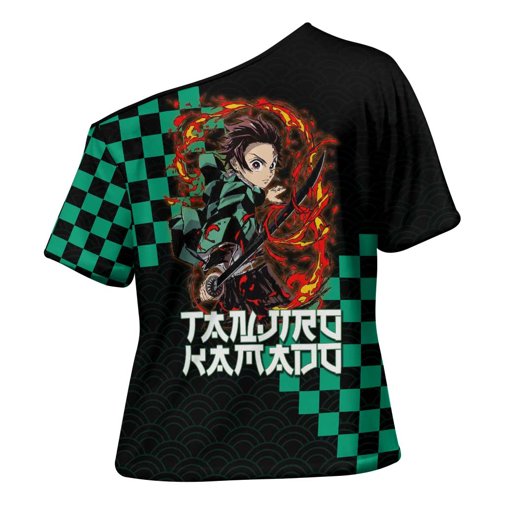 Tanjiro Kamado Demon Slayer Cross Shoulder Shirt Fiery Checkered Anime Wave Style