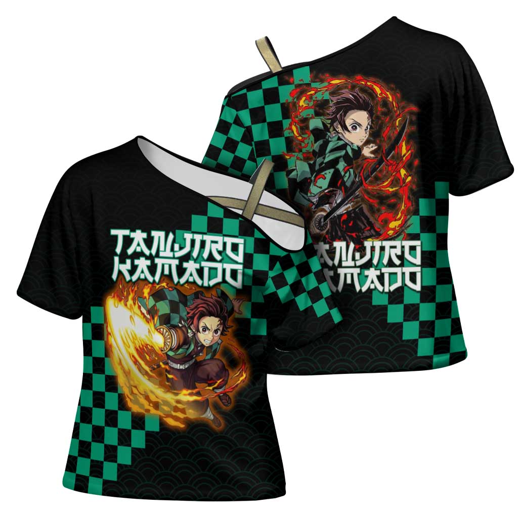 Tanjiro Kamado Demon Slayer Cross Shoulder Shirt Fiery Checkered Anime Wave Style