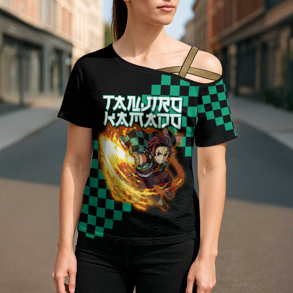 Tanjiro Kamado Demon Slayer Cross Shoulder Shirt Fiery Checkered Anime Wave Style