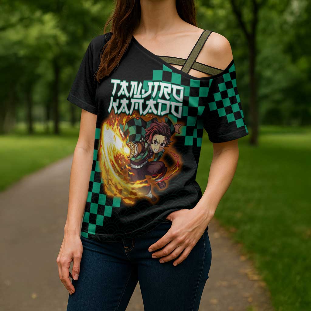 Tanjiro Kamado Demon Slayer Cross Shoulder Shirt Fiery Checkered Anime Wave Style