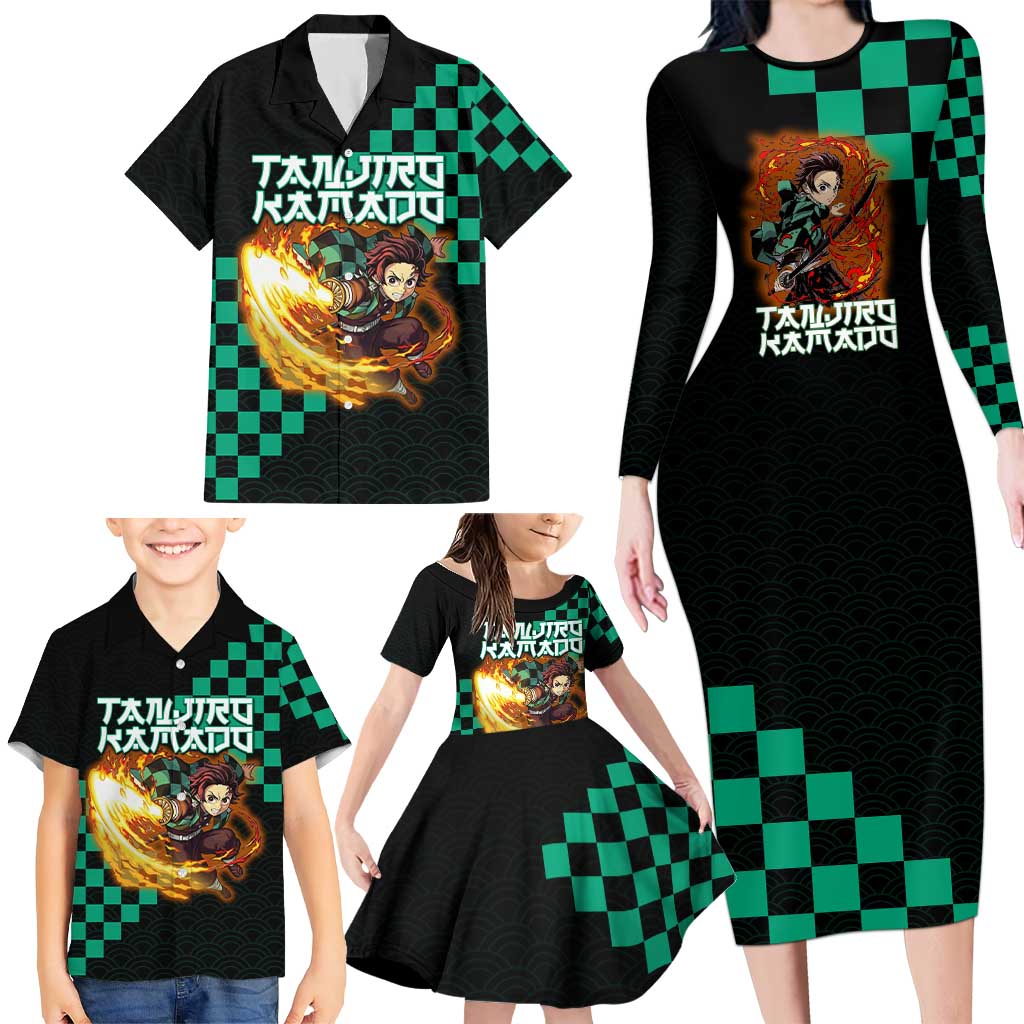 Tanjiro Kamado Demon Slayer Family Matching Long Sleeve Bodycon Dress and Hawaiian Shirt Fiery Checkered Anime Wave Style