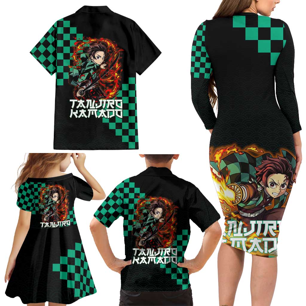 Tanjiro Kamado Demon Slayer Family Matching Long Sleeve Bodycon Dress and Hawaiian Shirt Fiery Checkered Anime Wave Style