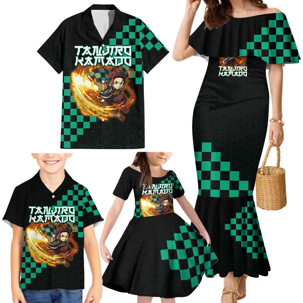 Tanjiro Kamado Demon Slayer Family Matching Mermaid Dress and Hawaiian Shirt Fiery Checkered Anime Wave Style