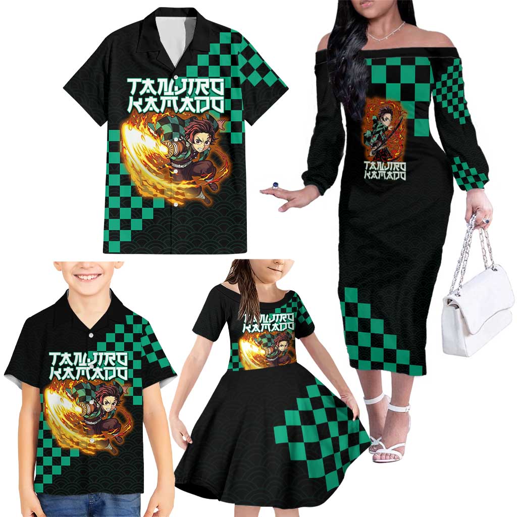 Tanjiro Kamado Demon Slayer Family Matching Off The Shoulder Long Sleeve Dress and Hawaiian Shirt Fiery Checkered Anime Wave Style