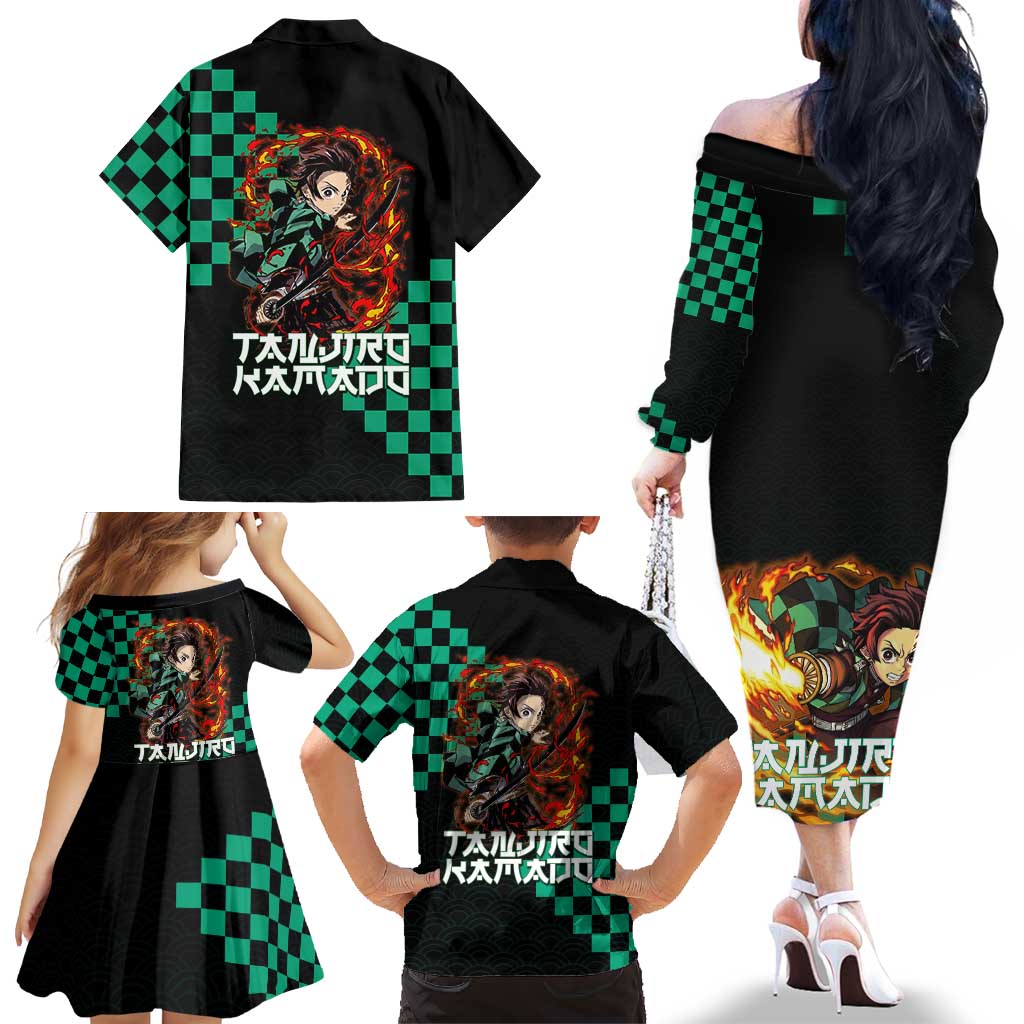 Tanjiro Kamado Demon Slayer Family Matching Off The Shoulder Long Sleeve Dress and Hawaiian Shirt Fiery Checkered Anime Wave Style