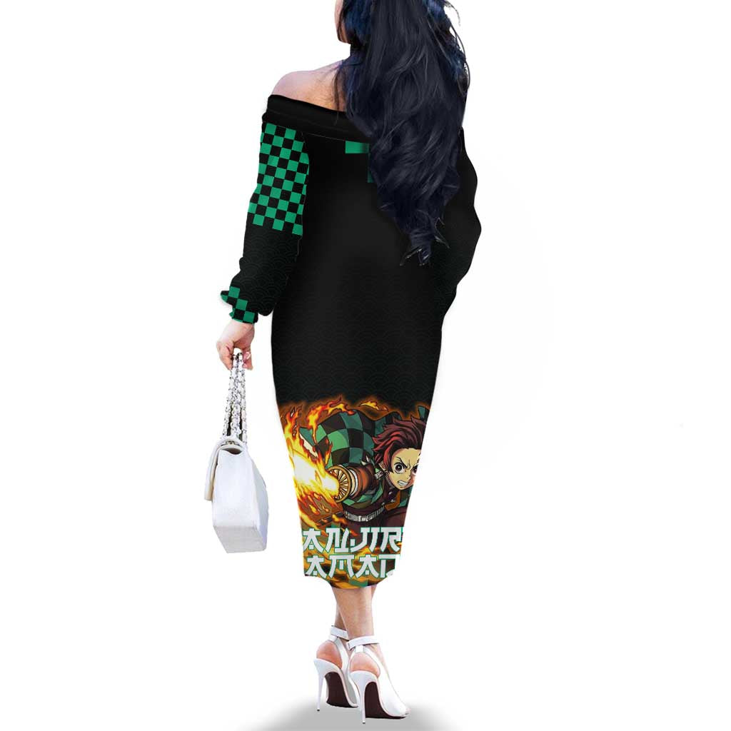 Tanjiro Kamado Demon Slayer Family Matching Off The Shoulder Long Sleeve Dress and Hawaiian Shirt Fiery Checkered Anime Wave Style