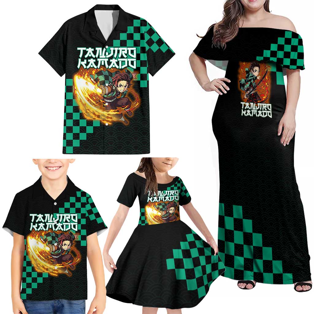 Tanjiro Kamado Demon Slayer Family Matching Off Shoulder Maxi Dress and Hawaiian Shirt Fiery Checkered Anime Wave Style