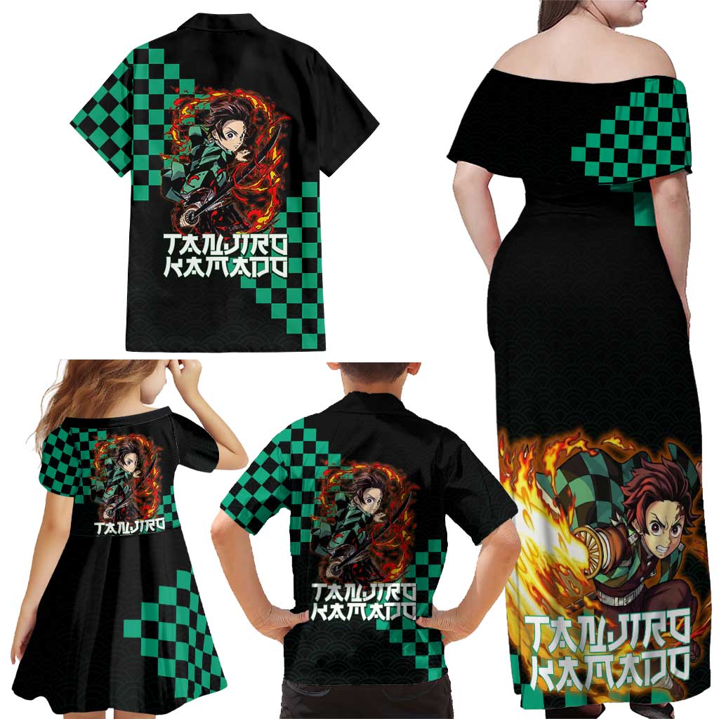 Tanjiro Kamado Demon Slayer Family Matching Off Shoulder Maxi Dress and Hawaiian Shirt Fiery Checkered Anime Wave Style