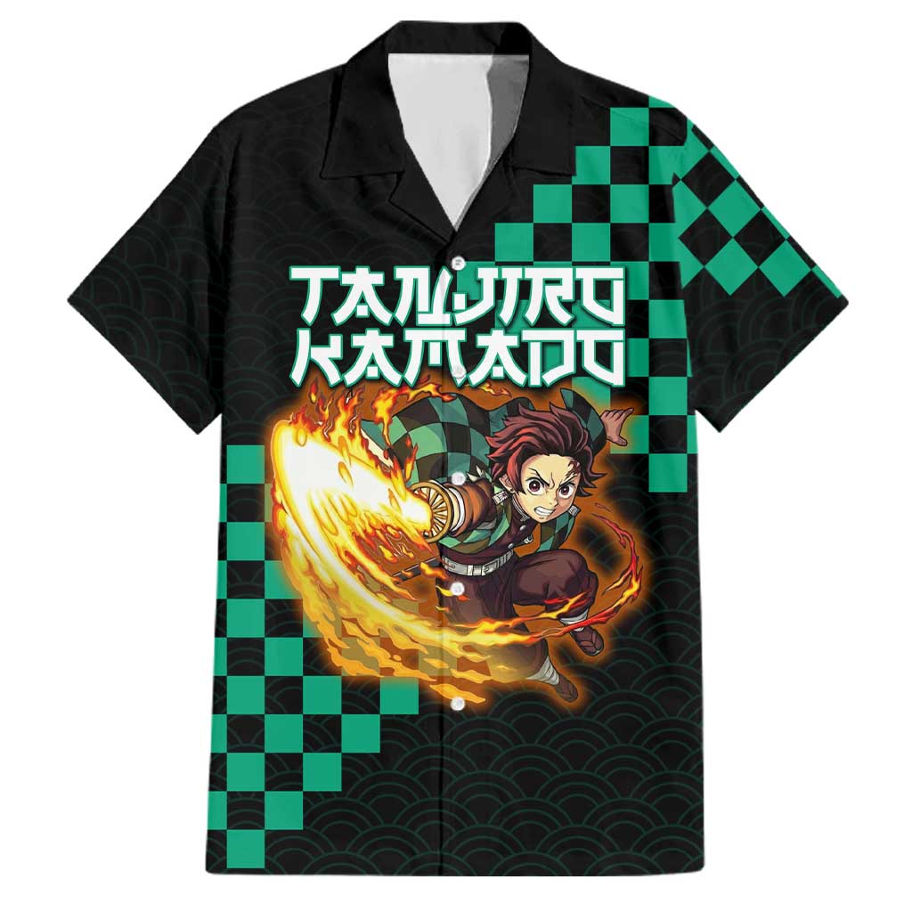 Tanjiro Kamado Demon Slayer Family Matching Off Shoulder Maxi Dress and Hawaiian Shirt Fiery Checkered Anime Wave Style