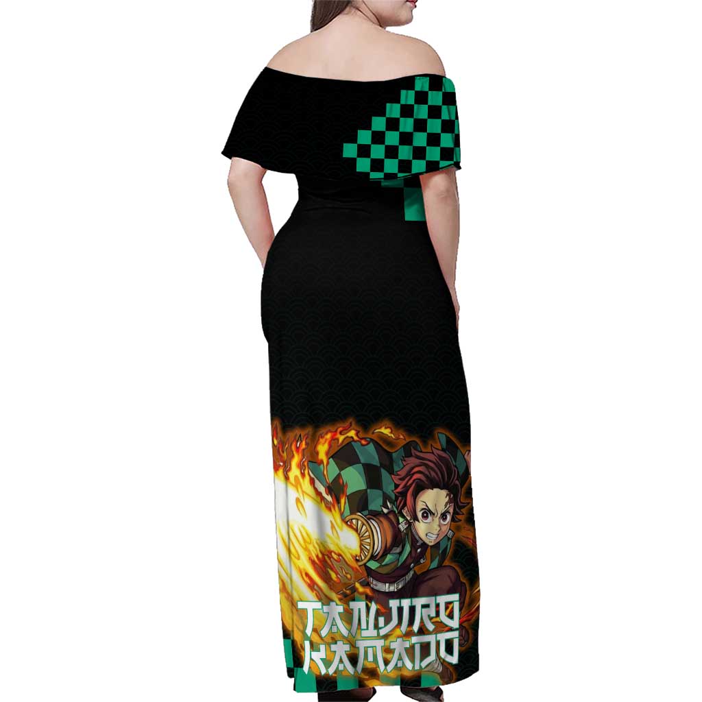 Tanjiro Kamado Demon Slayer Family Matching Off Shoulder Maxi Dress and Hawaiian Shirt Fiery Checkered Anime Wave Style