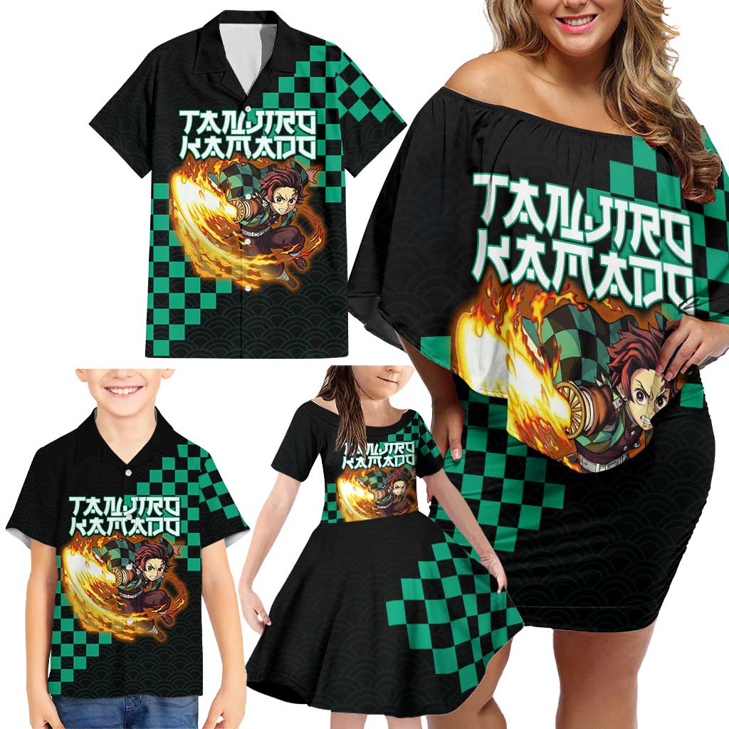 Tanjiro Kamado Demon Slayer Family Matching Off Shoulder Short Dress and Hawaiian Shirt Fiery Checkered Anime Wave Style