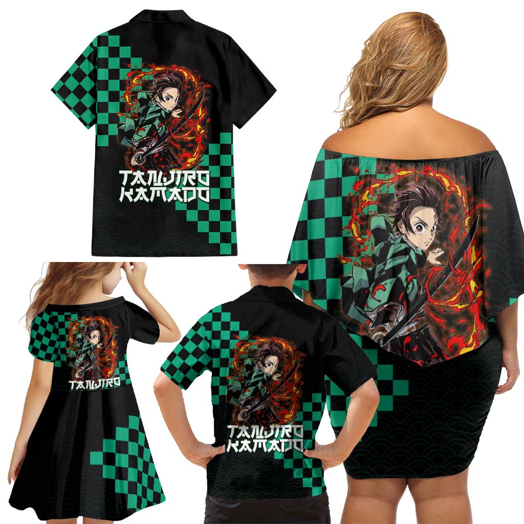 Tanjiro Kamado Demon Slayer Family Matching Off Shoulder Short Dress and Hawaiian Shirt Fiery Checkered Anime Wave Style