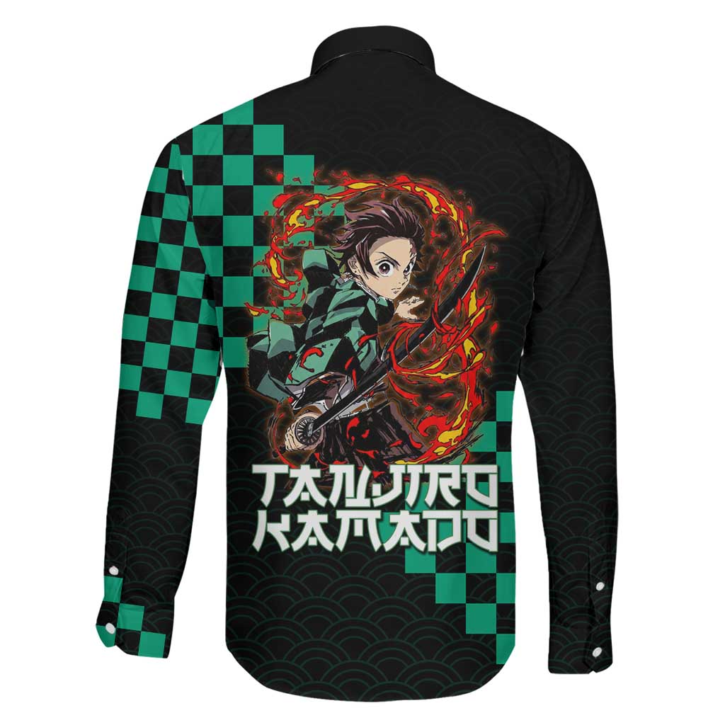 Tanjiro Kamado Demon Slayer Family Matching Off Shoulder Short Dress and Hawaiian Shirt Fiery Checkered Anime Wave Style