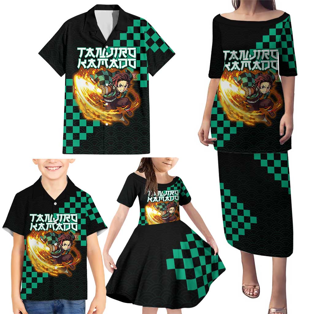 Tanjiro Kamado Demon Slayer Family Matching Puletasi and Hawaiian Shirt Fiery Checkered Anime Wave Style