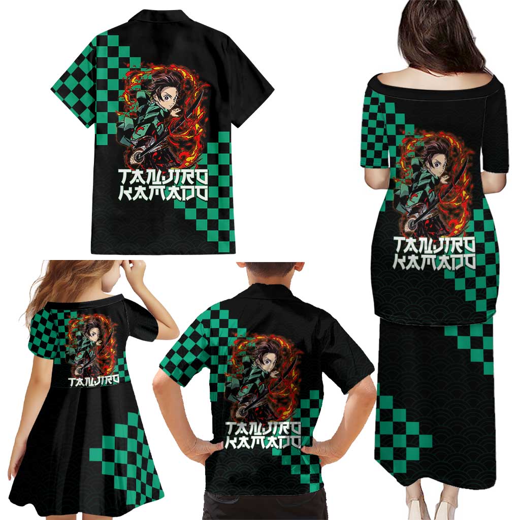 Tanjiro Kamado Demon Slayer Family Matching Puletasi and Hawaiian Shirt Fiery Checkered Anime Wave Style