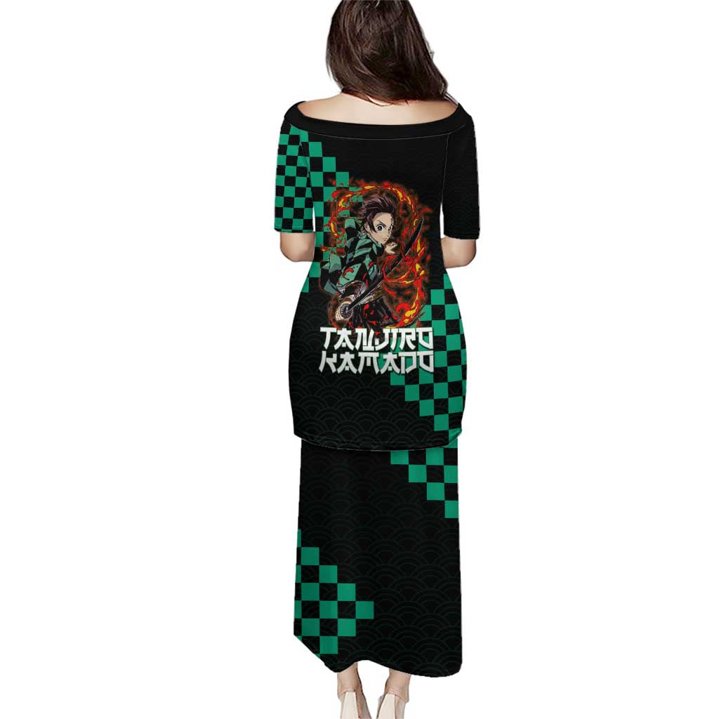 Tanjiro Kamado Demon Slayer Family Matching Puletasi and Hawaiian Shirt Fiery Checkered Anime Wave Style