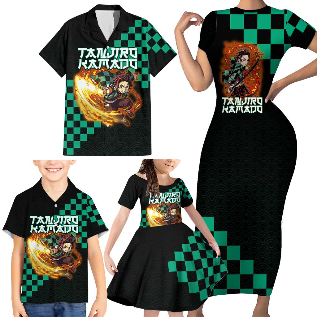 Tanjiro Kamado Demon Slayer Family Matching Short Sleeve Bodycon Dress and Hawaiian Shirt Fiery Checkered Anime Wave Style
