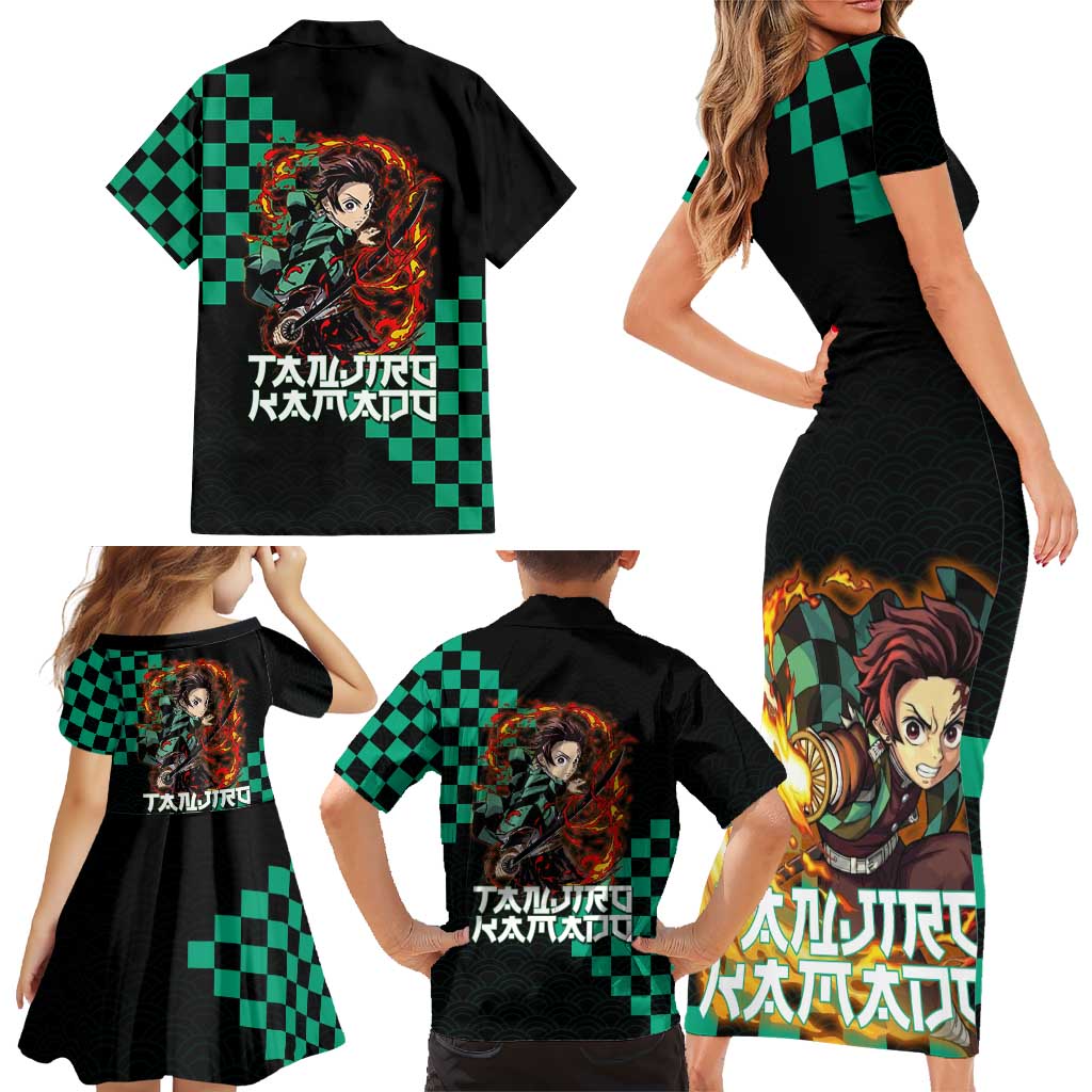 Tanjiro Kamado Demon Slayer Family Matching Short Sleeve Bodycon Dress and Hawaiian Shirt Fiery Checkered Anime Wave Style