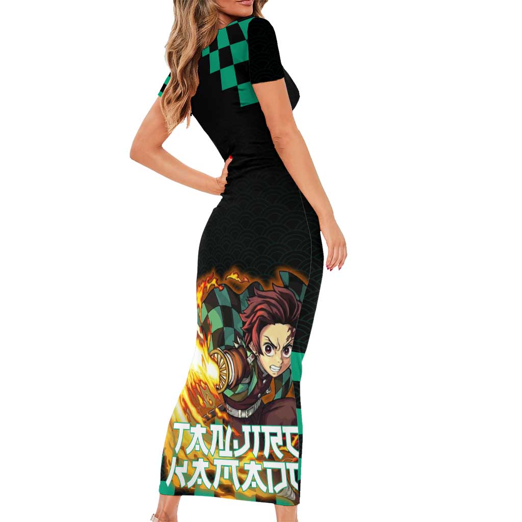 Tanjiro Kamado Demon Slayer Family Matching Short Sleeve Bodycon Dress and Hawaiian Shirt Fiery Checkered Anime Wave Style